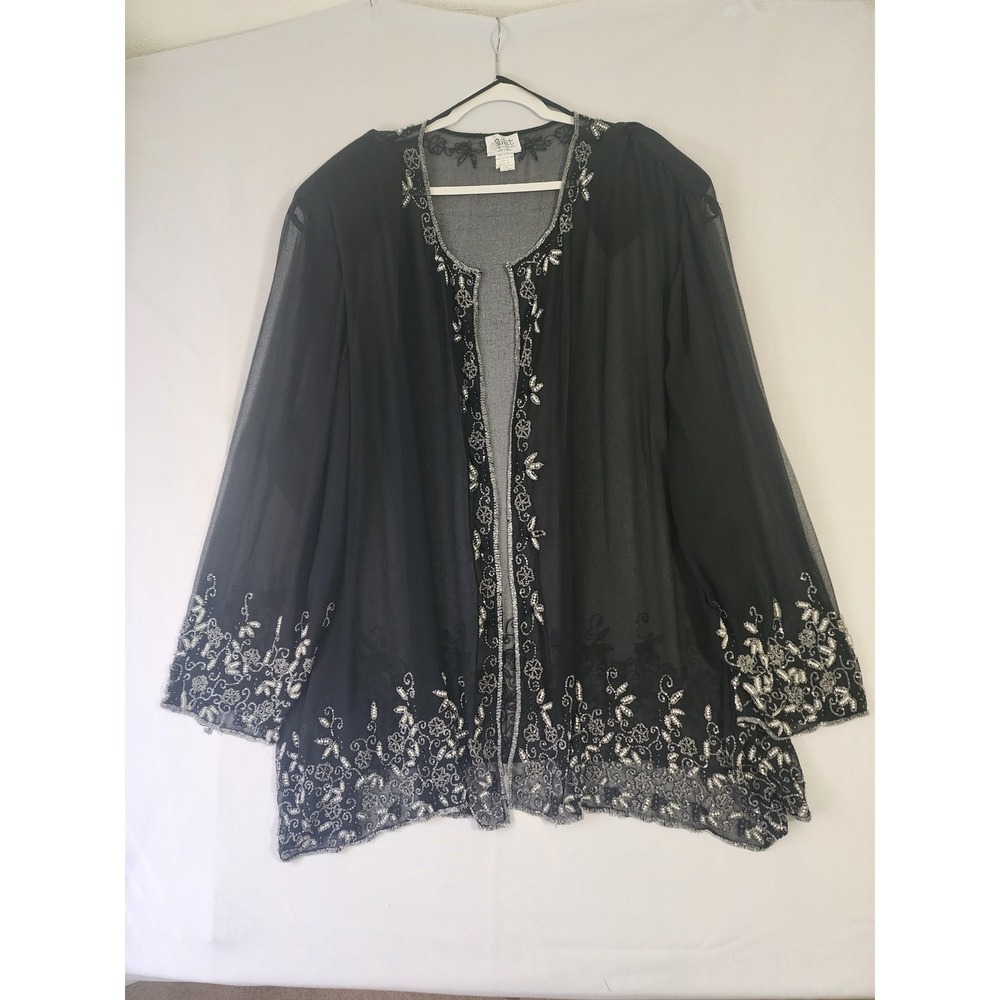 Gunit Fashions Black Beaded Sheer Mesh Cardigan Jacket Plus Size 7X Vintage